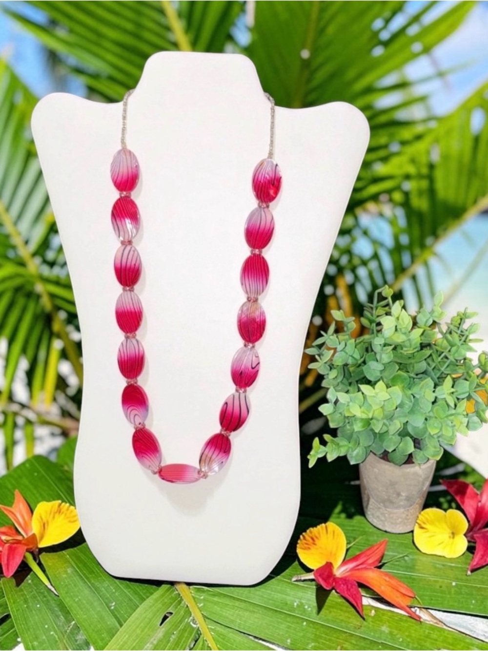 Pink Striped Oval Shell Statement Necklace Rhinestone Spacers Magenta Silver